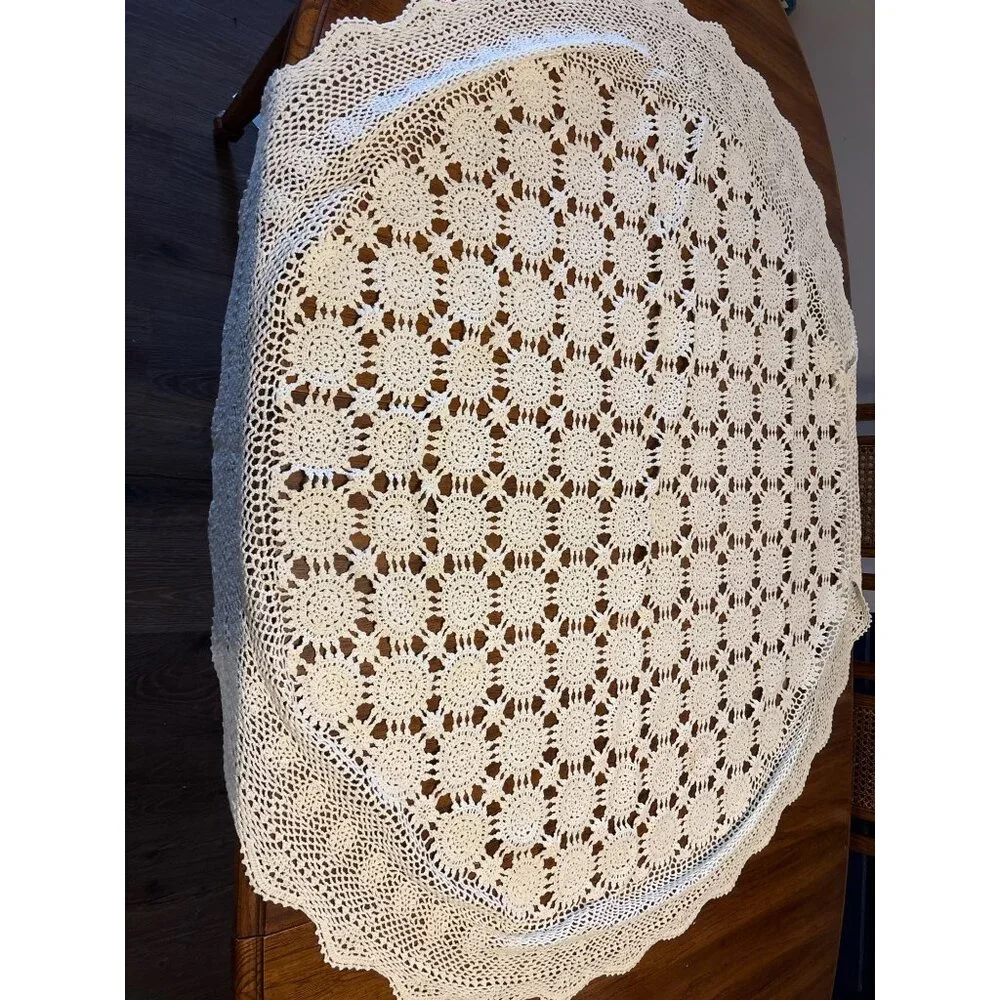 VTG Handmade Cream Crochet Round Squareish Tablecloth 55